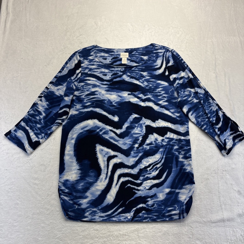 Chicos Blouse Womens Size 2 (US 12 / Large) Blue/White Round Neck 3/4 Sleeve